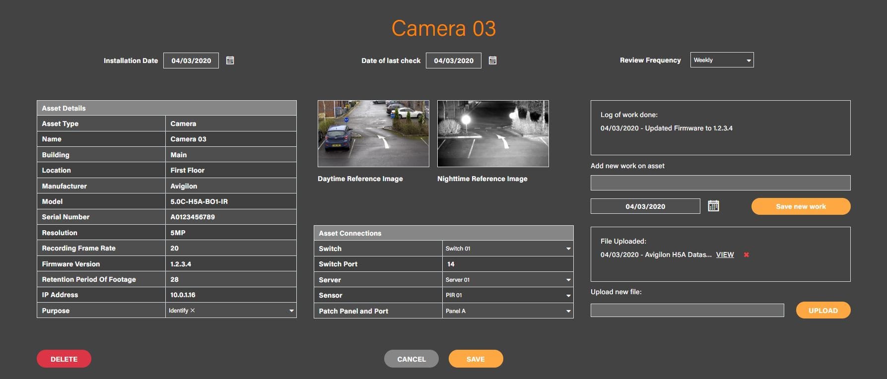 Screenshot of Camera asset screen