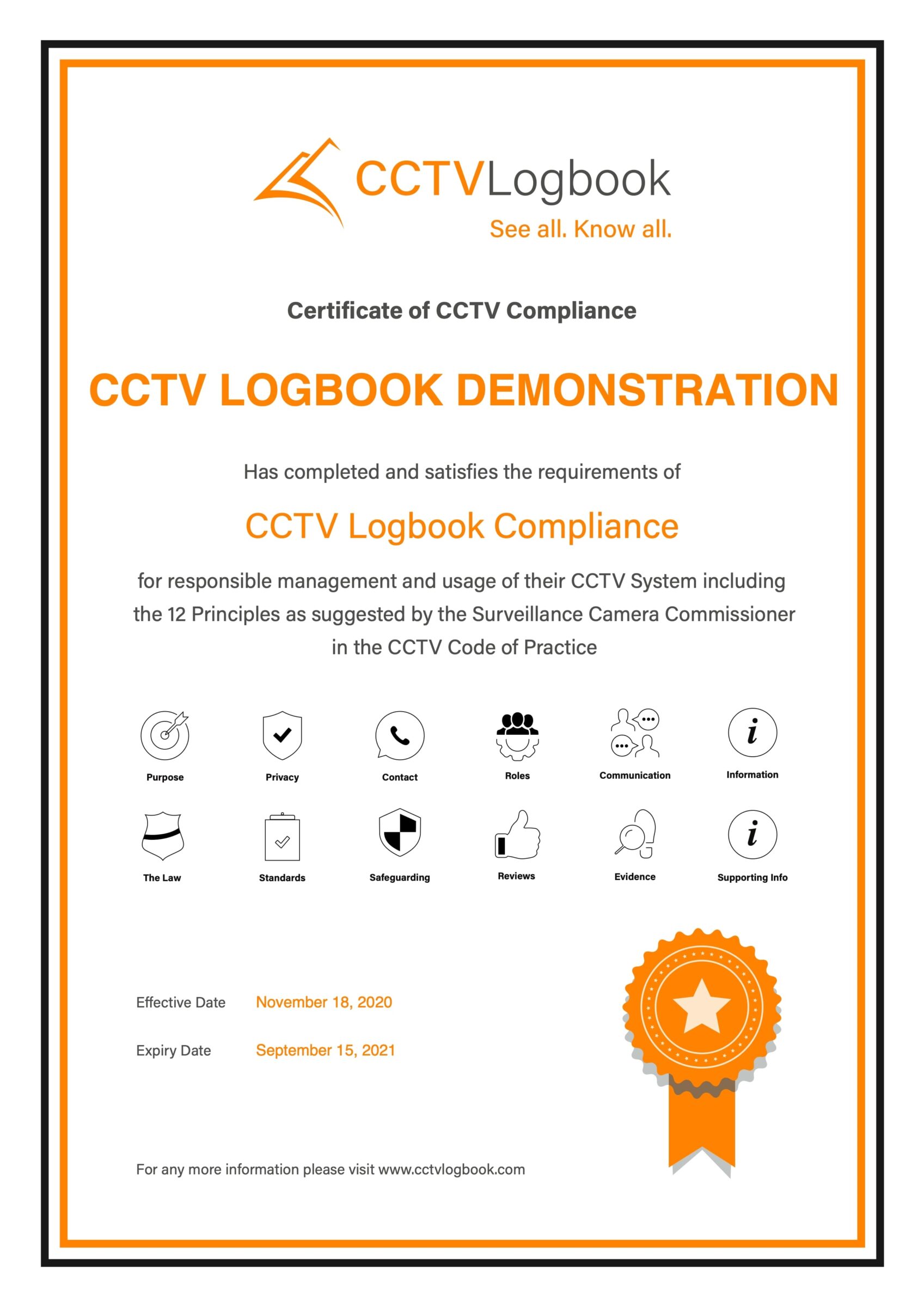 Code of Practice Certificate Image CCTV Logbook
