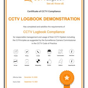 Code of Practice Certificate Image CCTV Logbook